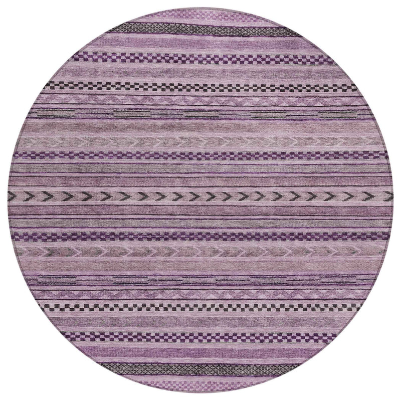 8' Plum And Lilac Round Striped Washable Indoor Outdoor Area Rug