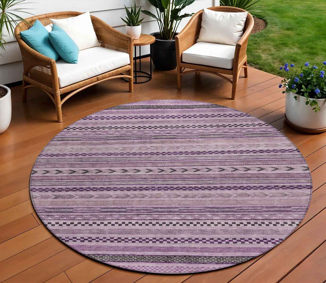 8' Plum And Lilac Round Striped Washable Indoor Outdoor Area Rug