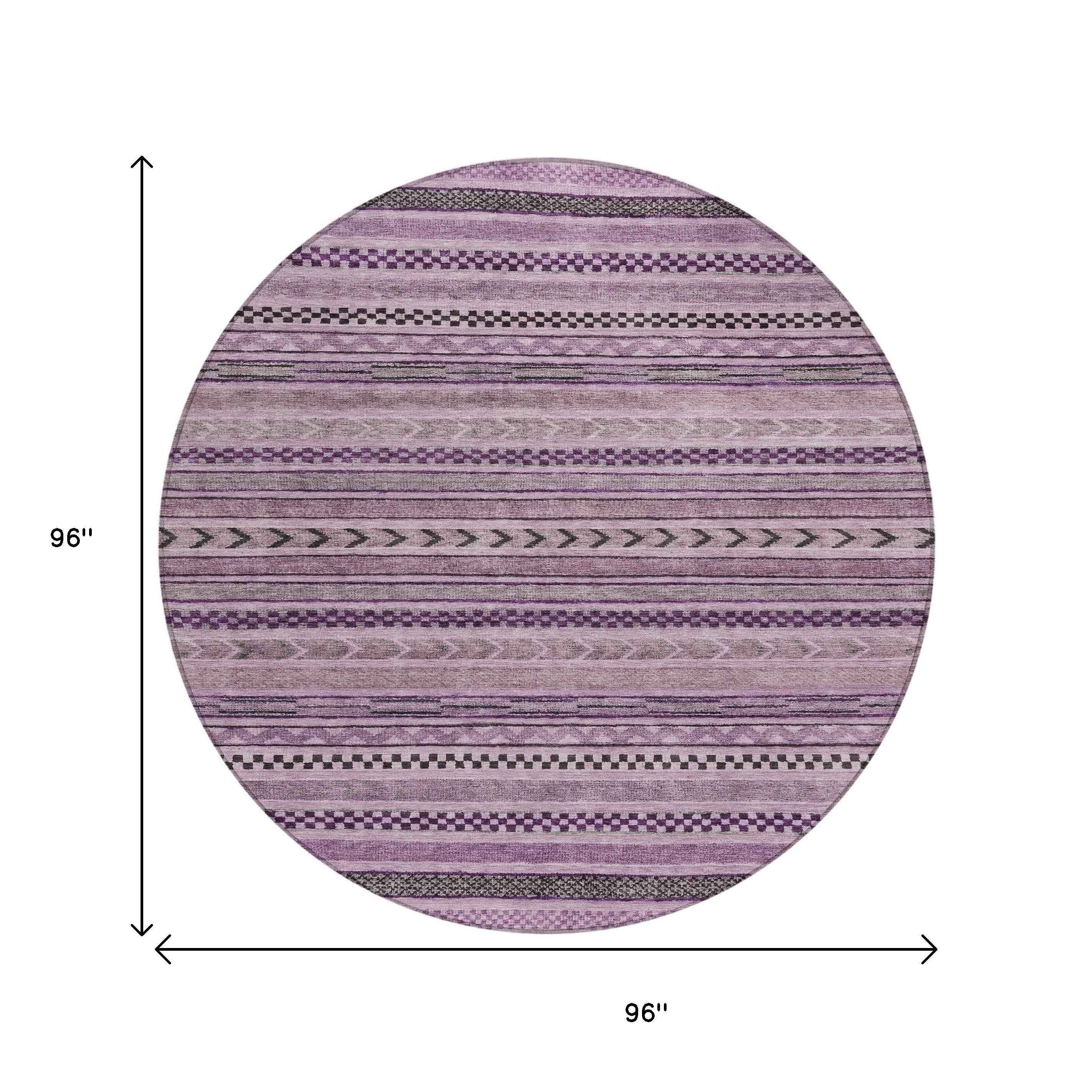 8' Plum And Lilac Round Striped Washable Indoor Outdoor Area Rug