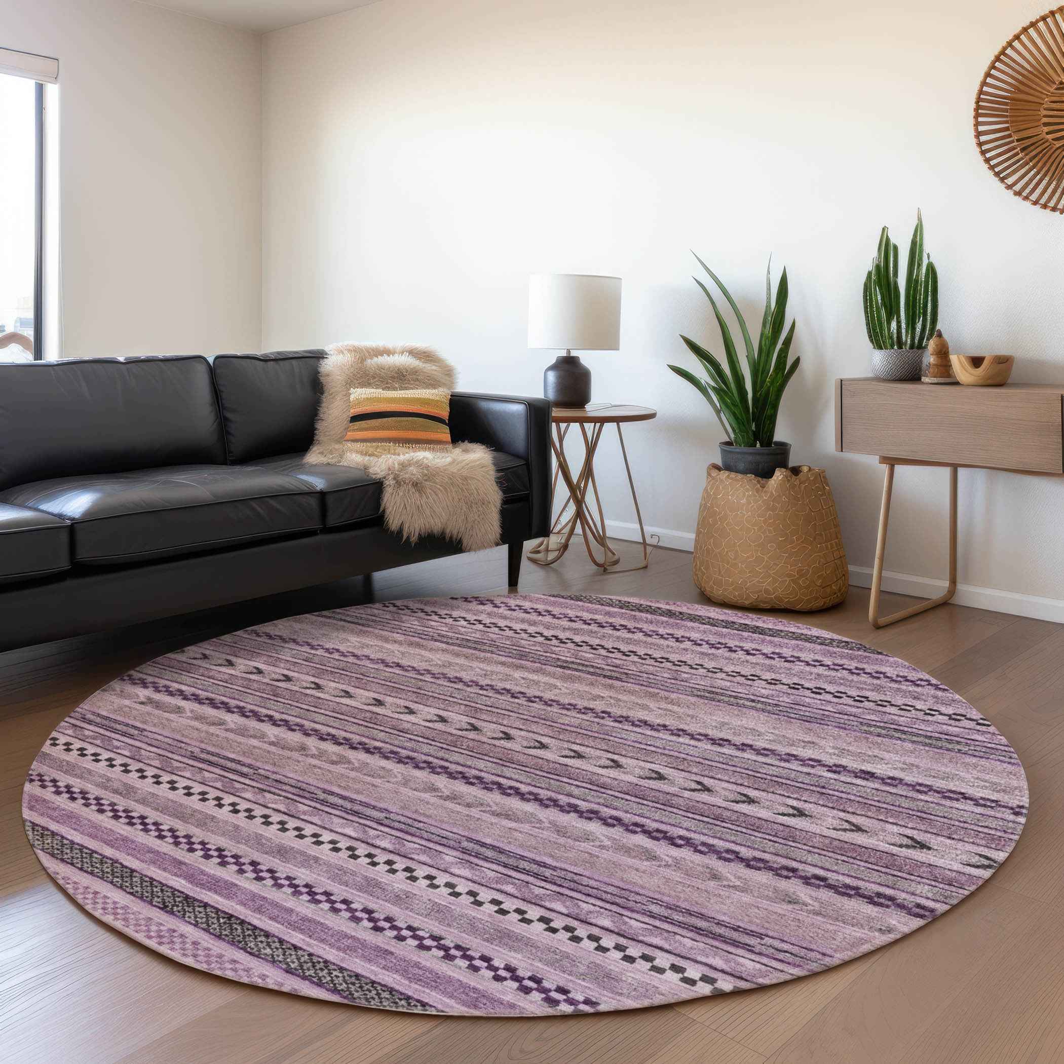 8' Plum And Lilac Round Striped Washable Indoor Outdoor Area Rug