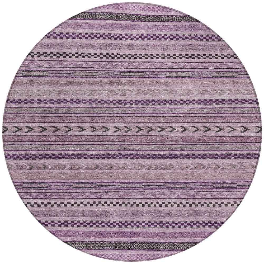 8' Plum And Lilac Round Striped Washable Indoor Outdoor Area Rug