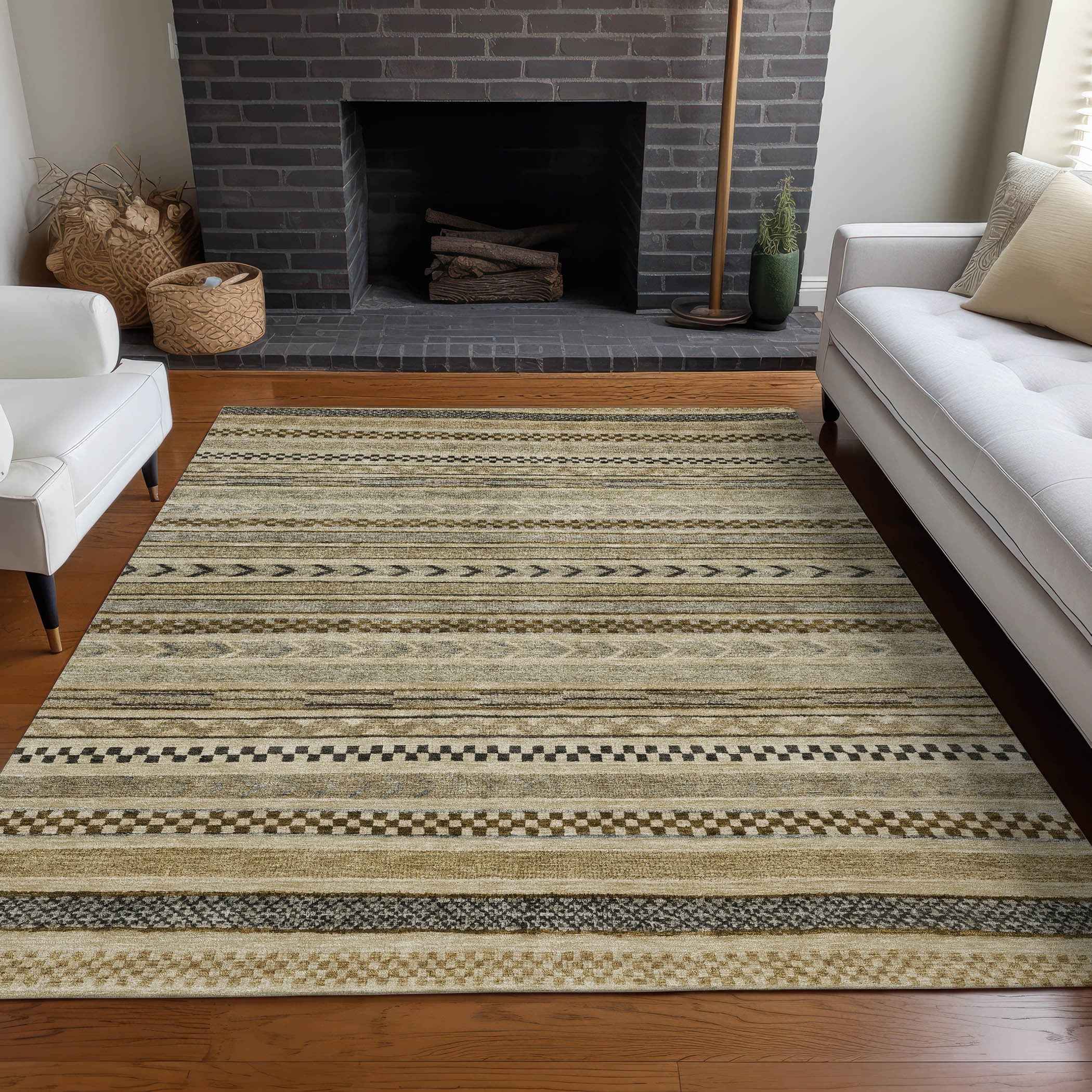 3' X 5' Chocolate And Taupe Striped Washable Indoor Outdoor Area Rug