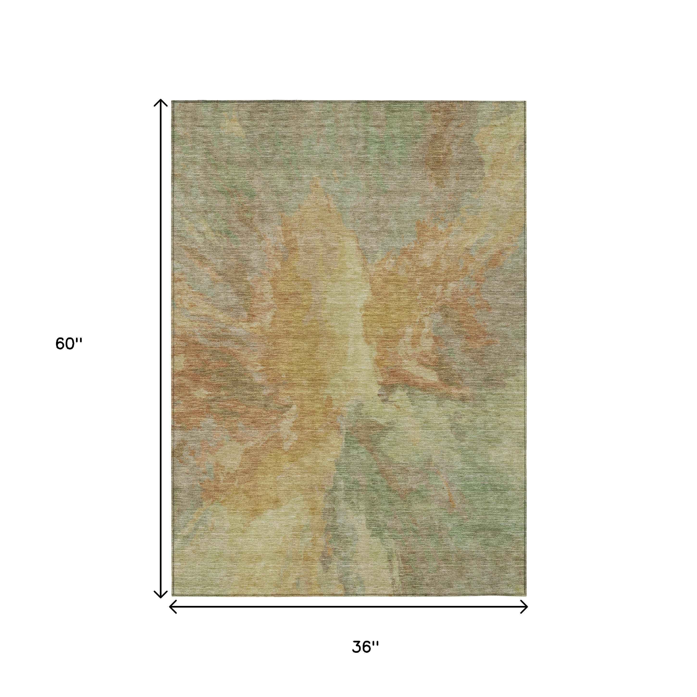 3' X 5' Artichoke Green And Gold Abstract Washable Indoor Outdoor Area Rug