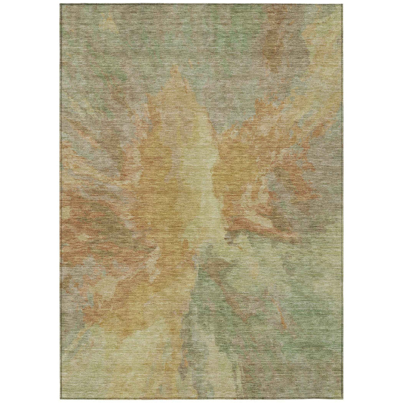 3' X 5' Artichoke Green And Gold Abstract Washable Indoor Outdoor Area Rug