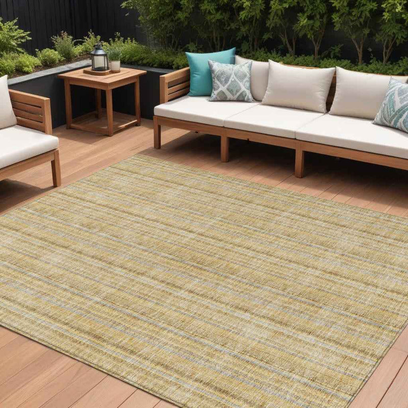 8' X 10' Wheat Gold And Gray Striped Washable Indoor Outdoor Area Rug