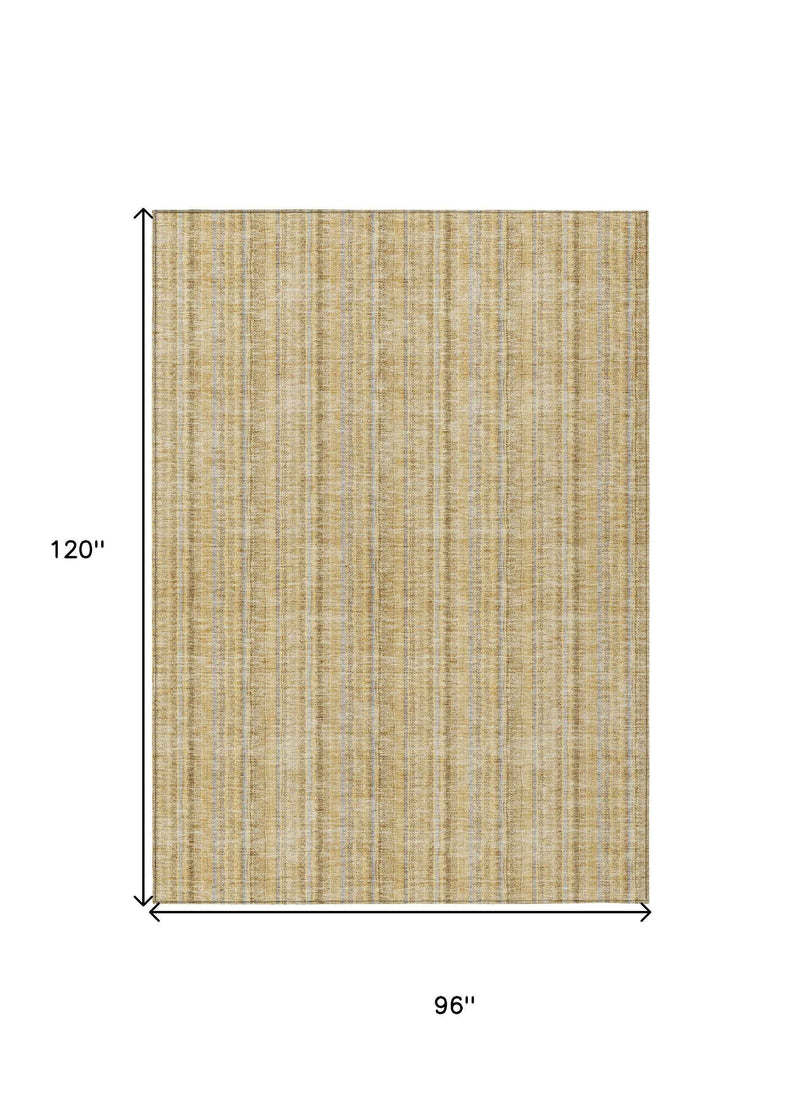 8' X 10' Wheat Gold And Gray Striped Washable Indoor Outdoor Area Rug