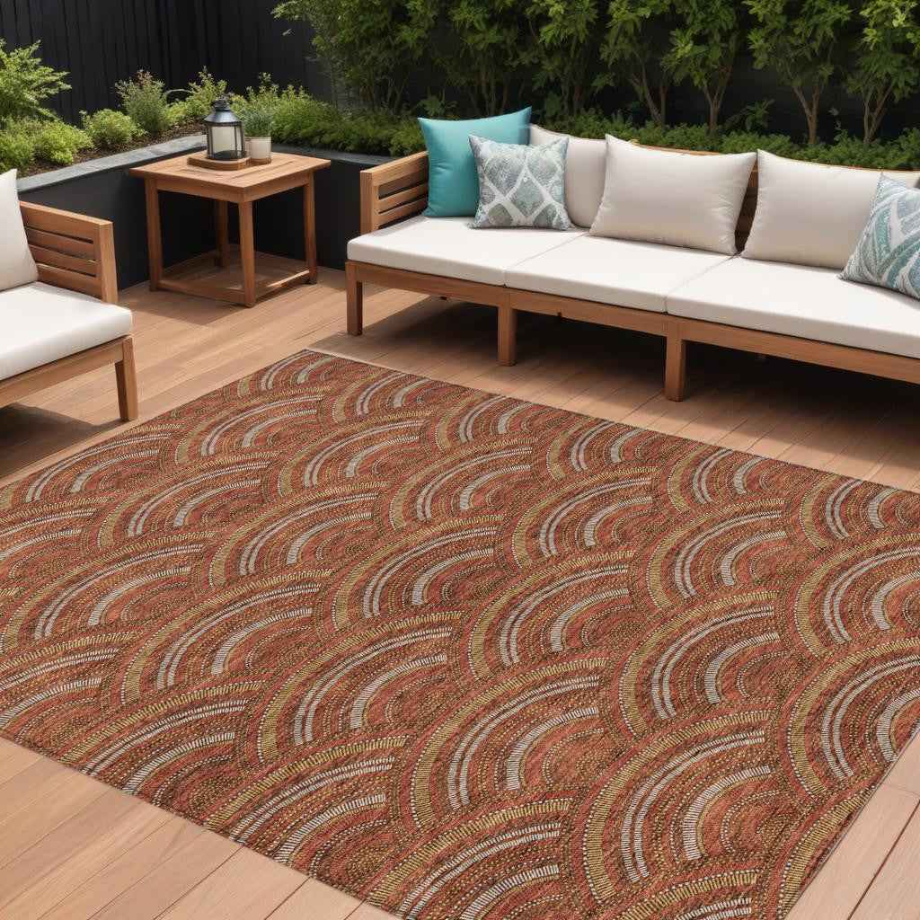 8' X 10' Orange Gold And Ivory Geometric Washable Indoor Outdoor Area Rug