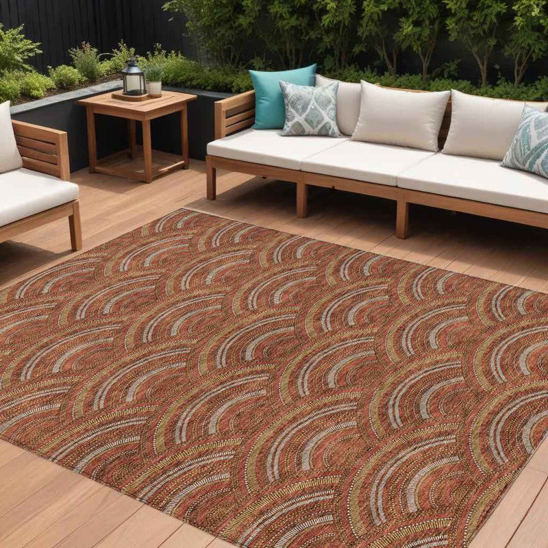 8' X 10' Orange Gold And Ivory Geometric Washable Indoor Outdoor Area Rug