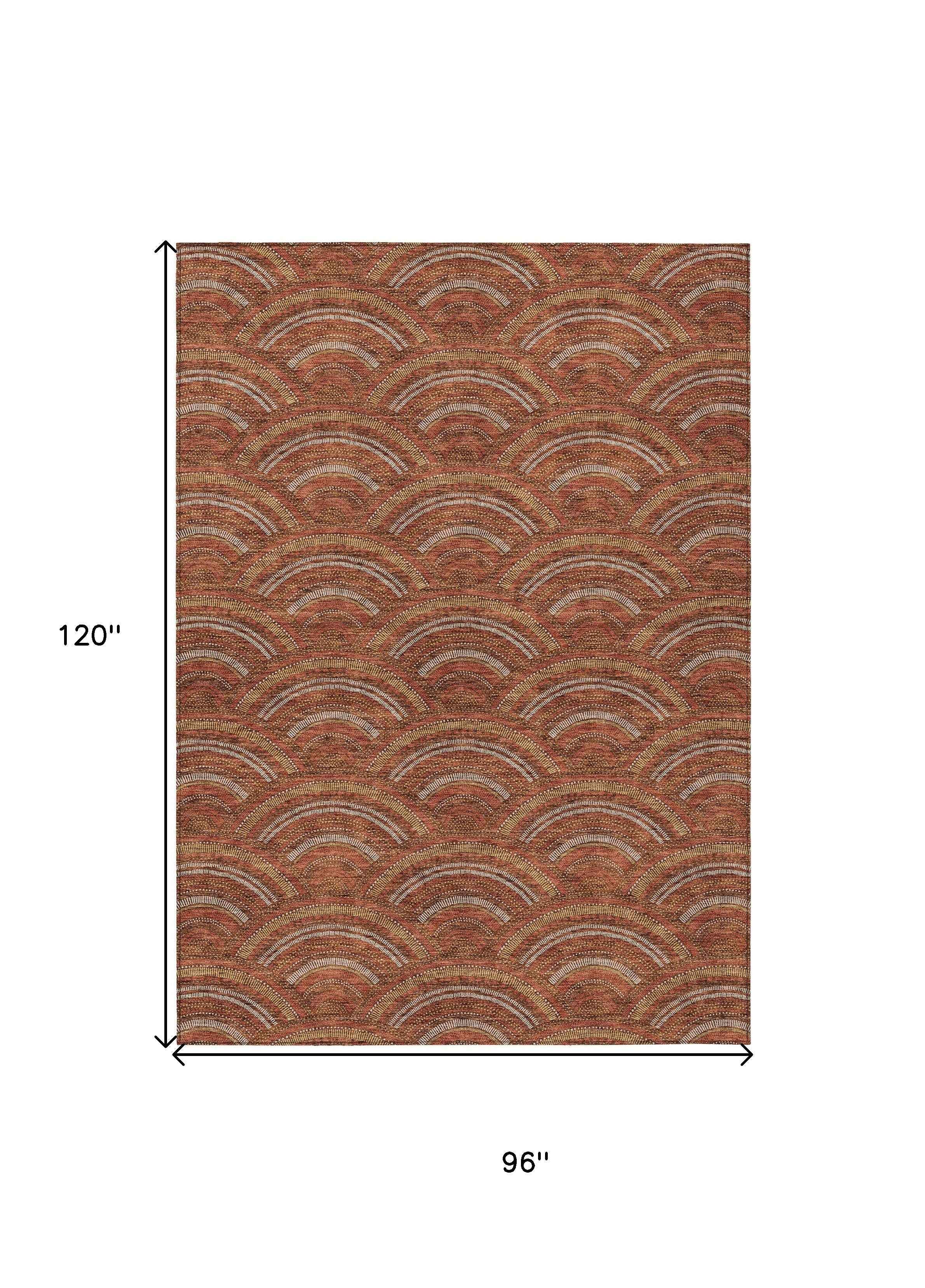 8' X 10' Orange Gold And Ivory Geometric Washable Indoor Outdoor Area Rug