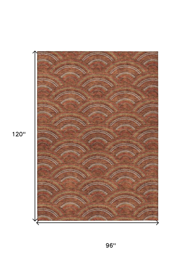 8' X 10' Orange Gold And Ivory Geometric Washable Indoor Outdoor Area Rug