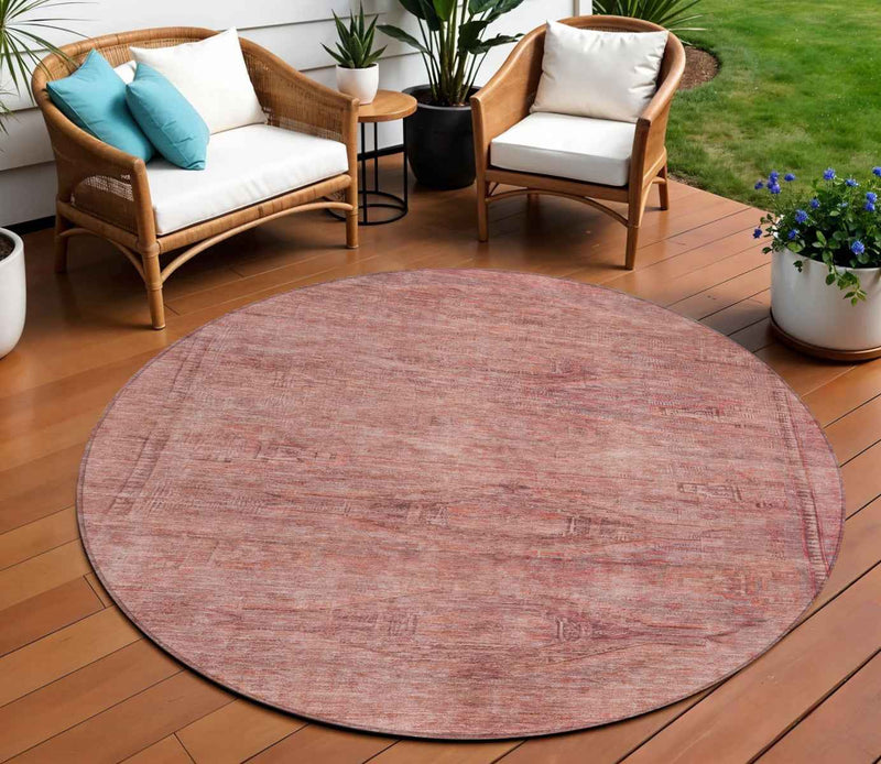 8' Terra Cotta And Salmon Round Aztec Washable Indoor Outdoor Area Rug