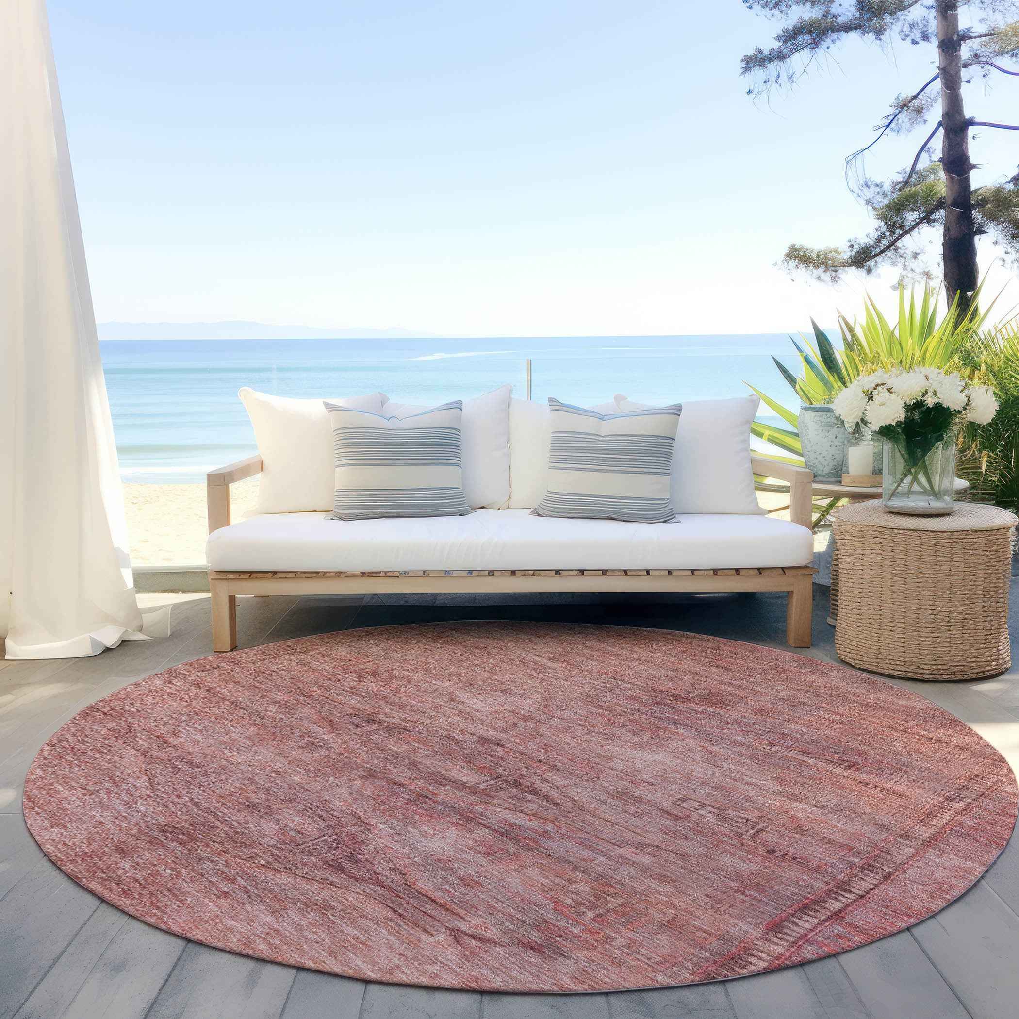 8' Terra Cotta And Salmon Round Aztec Washable Indoor Outdoor Area Rug