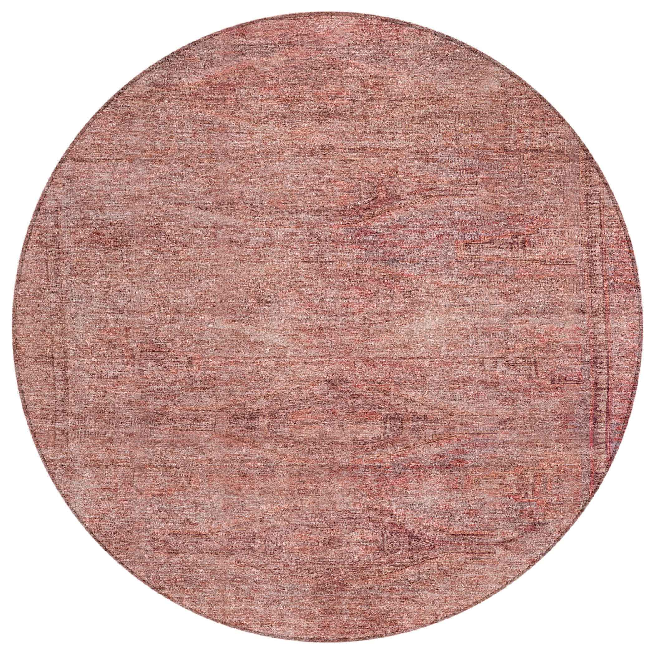 8' Terra Cotta And Salmon Round Aztec Washable Indoor Outdoor Area Rug