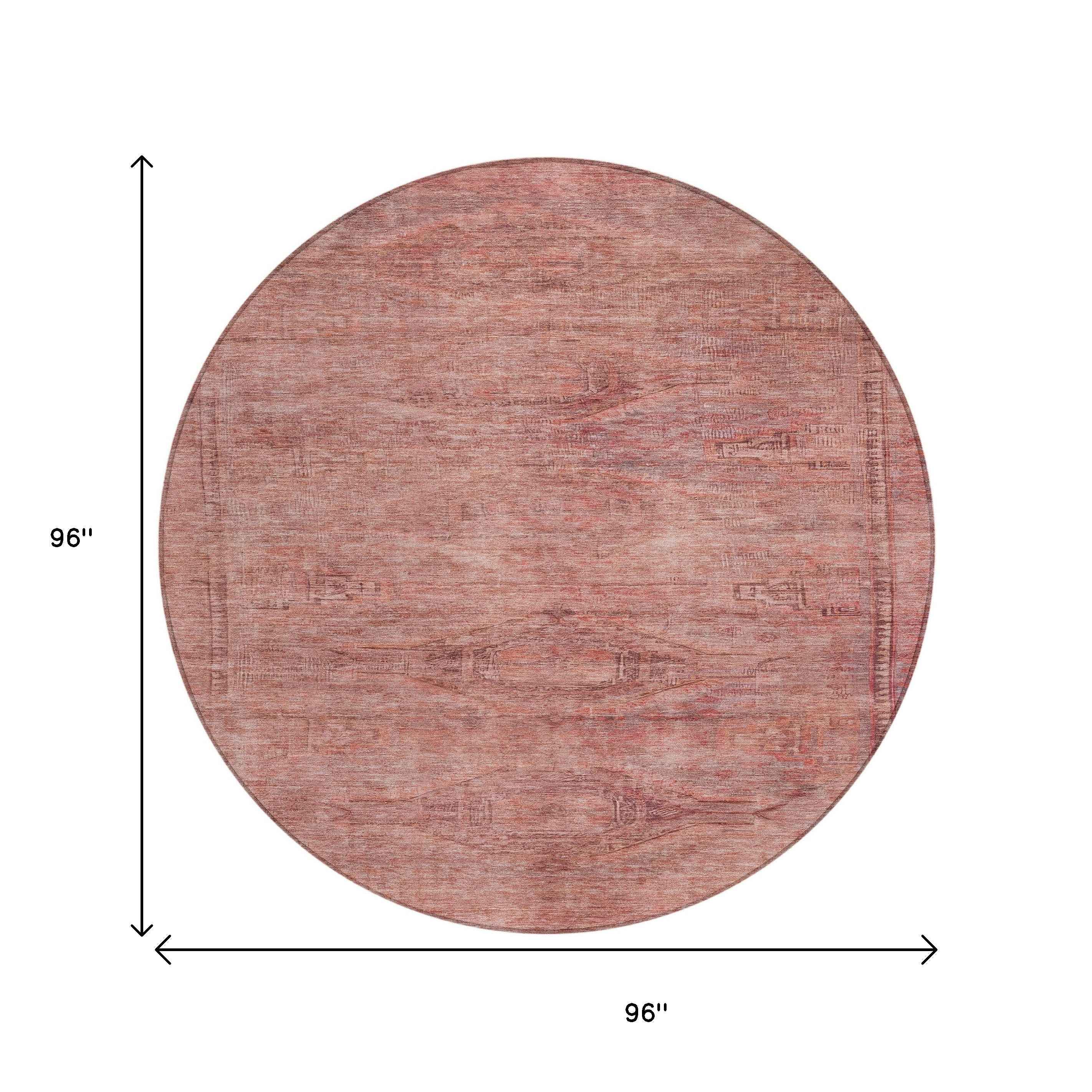 8' Terra Cotta And Salmon Round Aztec Washable Indoor Outdoor Area Rug