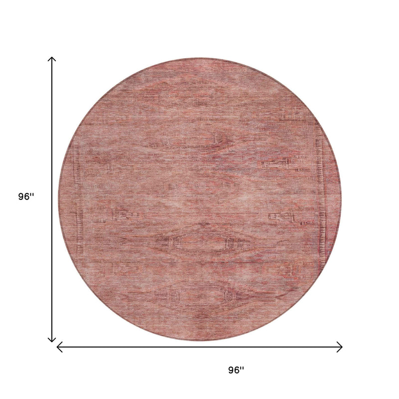 8' Terra Cotta And Salmon Round Aztec Washable Indoor Outdoor Area Rug