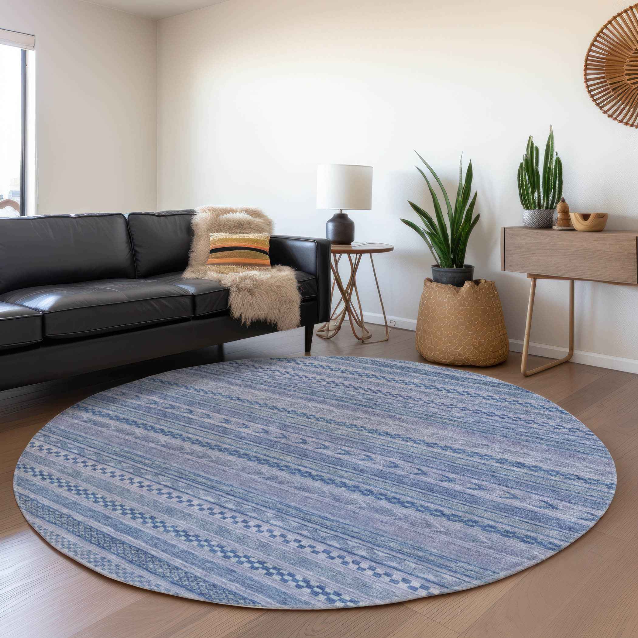 8' Denim Blue And Sky Blue Round Striped Washable Indoor Outdoor Area Rug