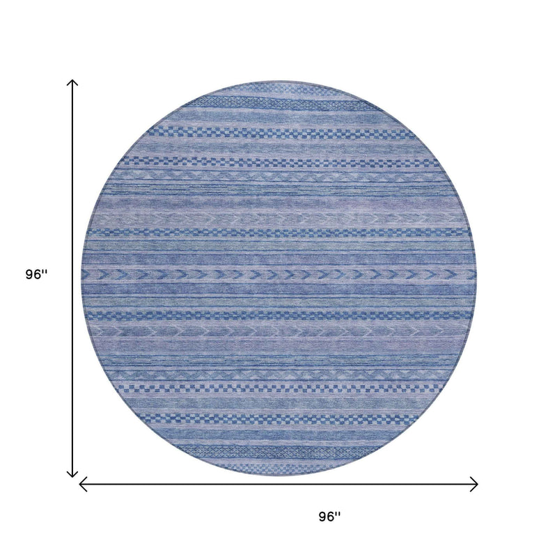 8' Denim Blue And Sky Blue Round Striped Washable Indoor Outdoor Area Rug