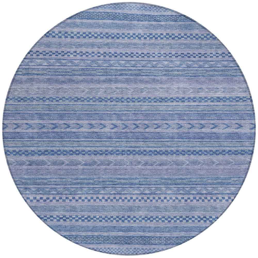 8' Denim Blue And Sky Blue Round Striped Washable Indoor Outdoor Area Rug