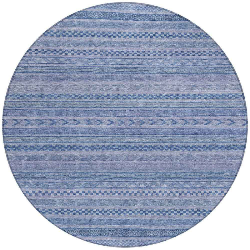 8' Denim Blue And Sky Blue Round Striped Washable Indoor Outdoor Area Rug
