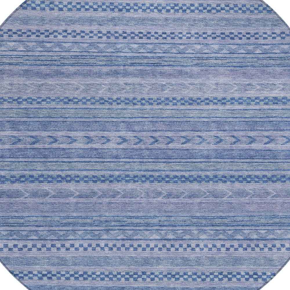8' Denim Blue And Sky Blue Round Striped Washable Indoor Outdoor Area Rug