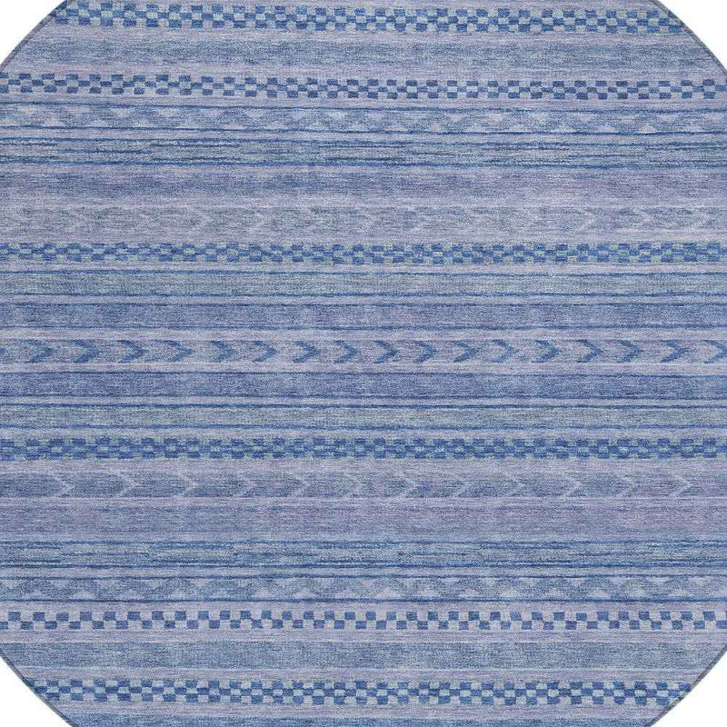 8' Denim Blue And Sky Blue Round Striped Washable Indoor Outdoor Area Rug