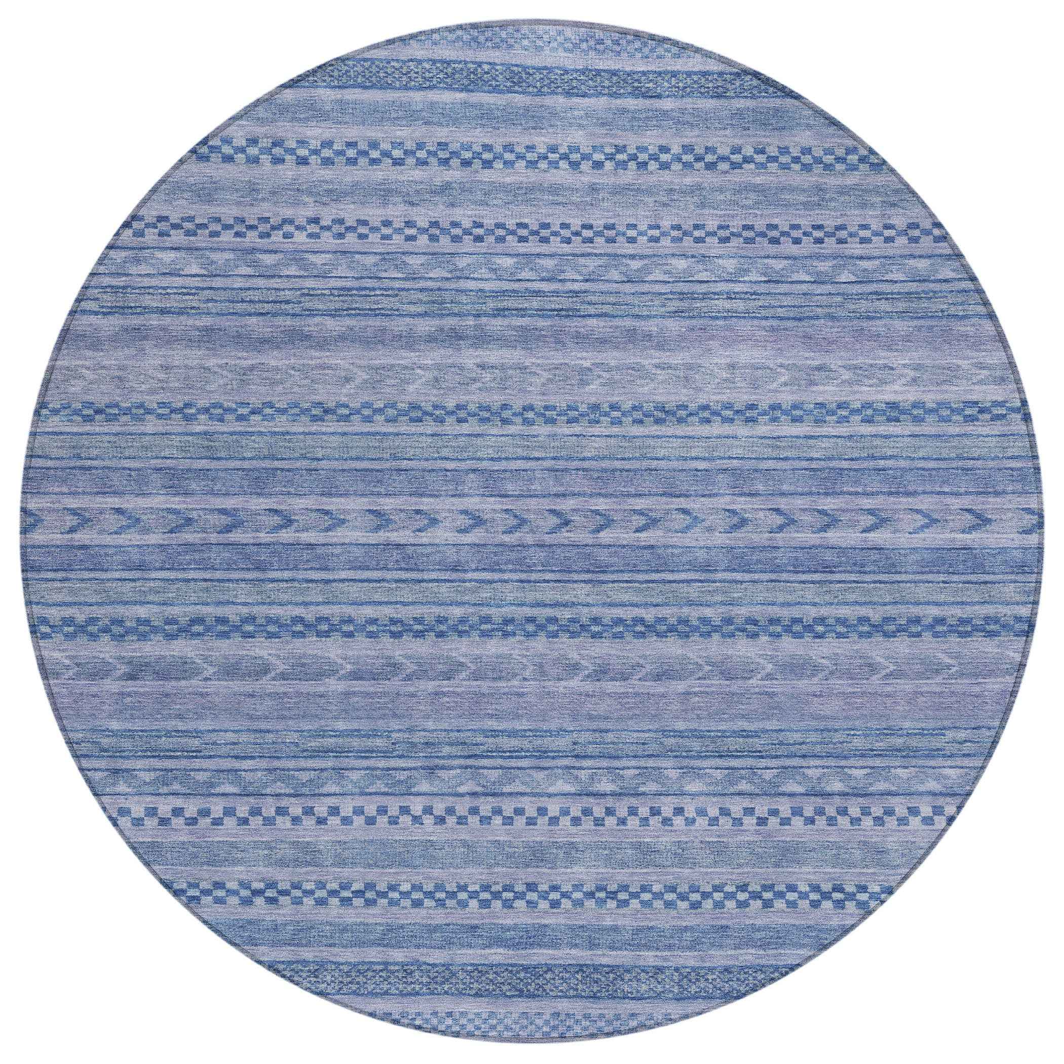 8' Denim Blue And Sky Blue Round Striped Washable Indoor Outdoor Area Rug