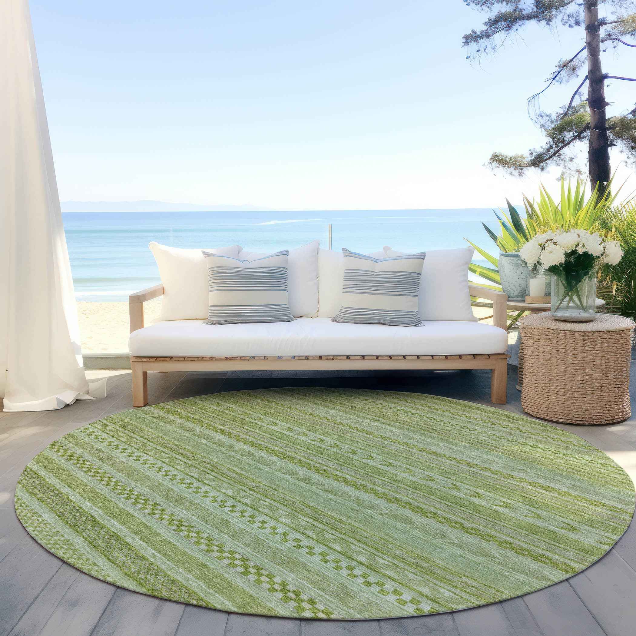 8' Fern Green And Sage Round Striped Washable Indoor Outdoor Area Rug