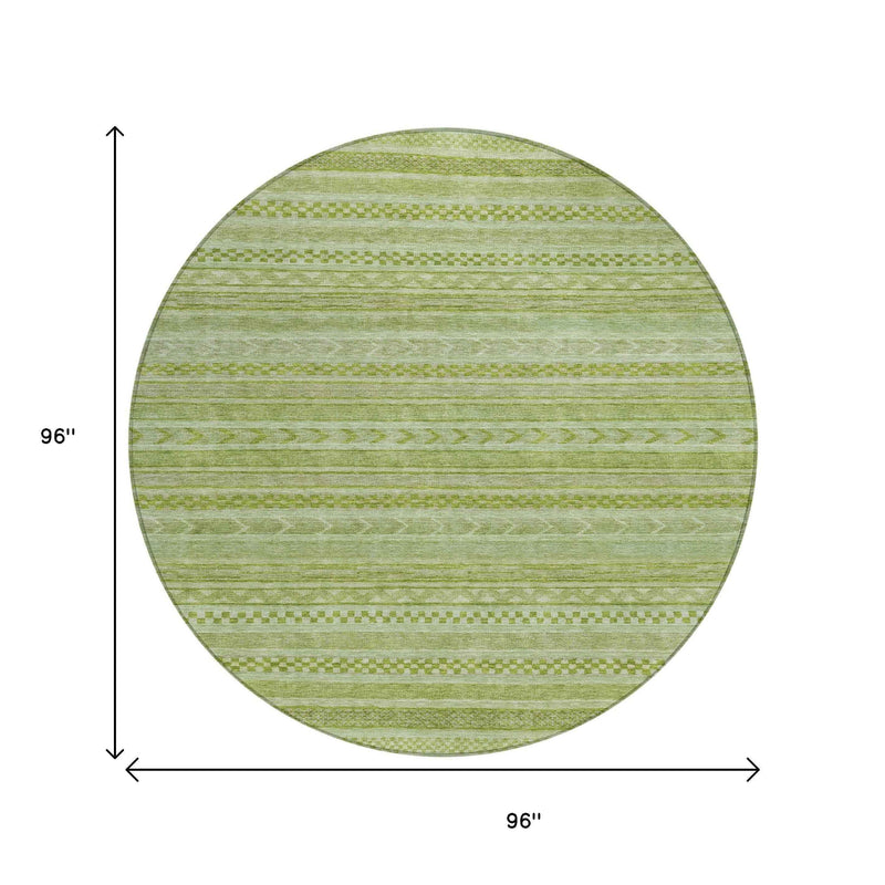 8' Fern Green And Sage Round Striped Washable Indoor Outdoor Area Rug