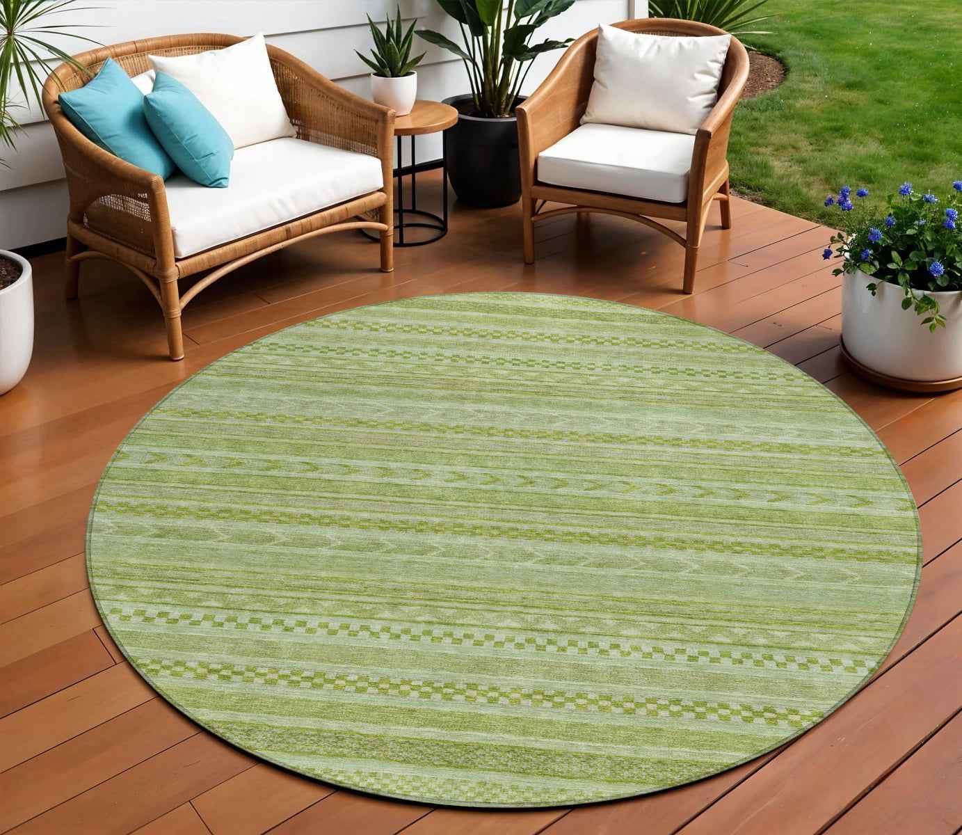 8' Fern Green And Sage Round Striped Washable Indoor Outdoor Area Rug