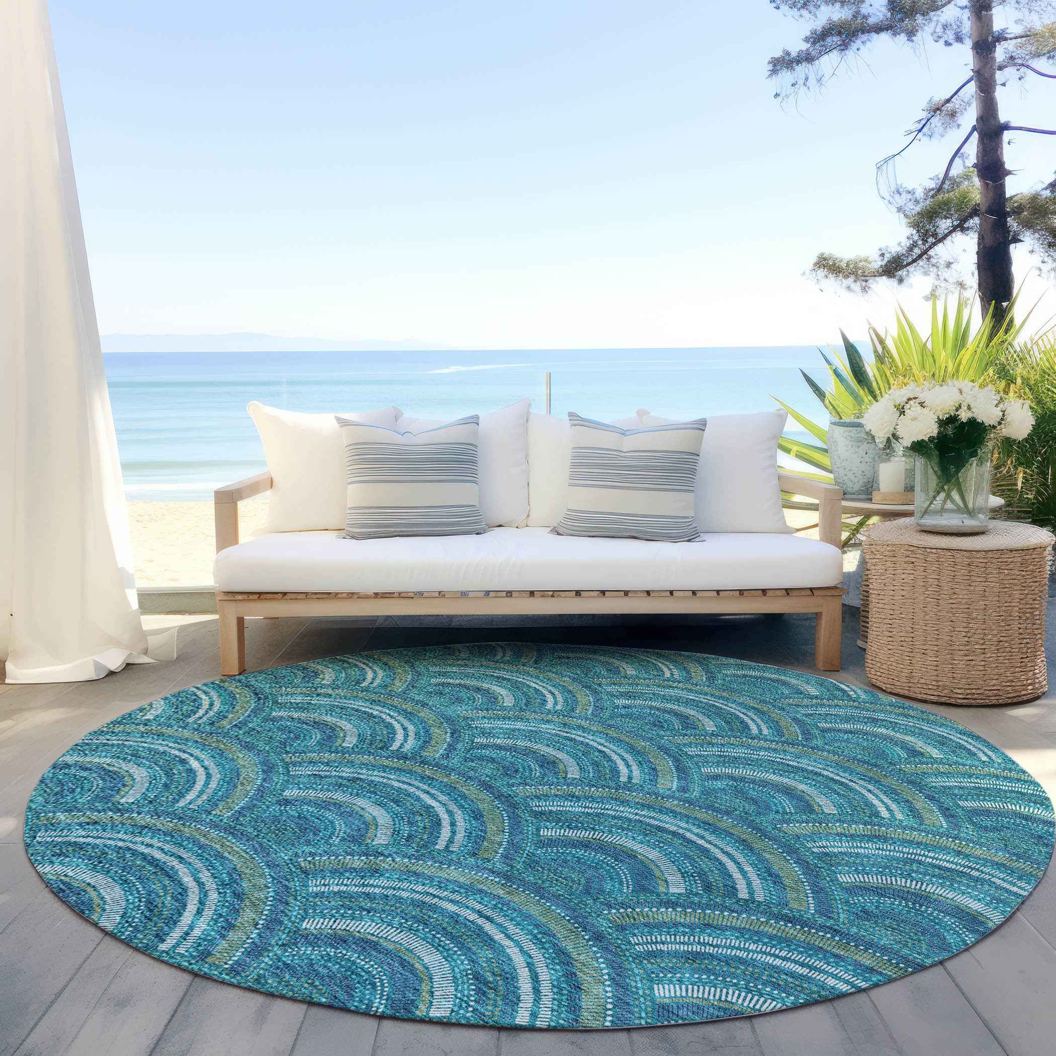 8' Teal Blue Fern Green And Ivory Round Geometric Washable Indoor Outdoor Area Rug