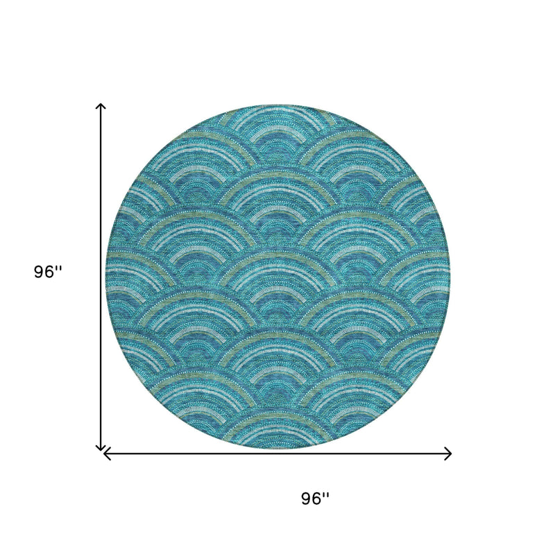 8' Teal Blue Fern Green And Ivory Round Geometric Washable Indoor Outdoor Area Rug