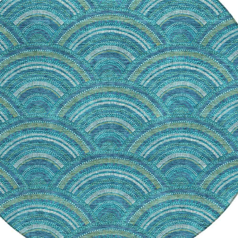 8' Teal Blue Fern Green And Ivory Round Geometric Washable Indoor Outdoor Area Rug