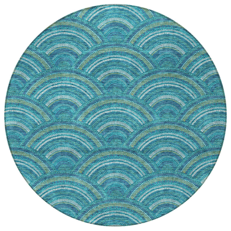 8' Teal Blue Fern Green And Ivory Round Geometric Washable Indoor Outdoor Area Rug