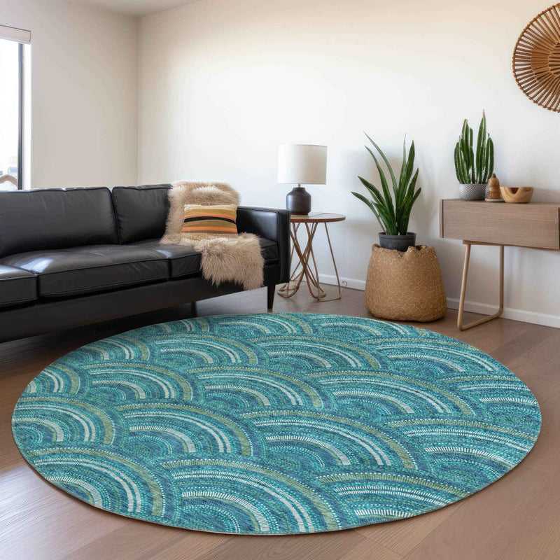 8' Teal Blue Fern Green And Ivory Round Geometric Washable Indoor Outdoor Area Rug