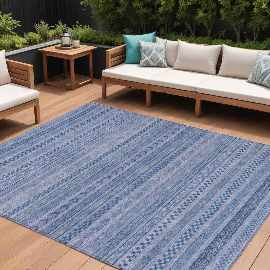 10' X 14' Denim Blue And Sky Blue Striped Washable Indoor Outdoor Area Rug