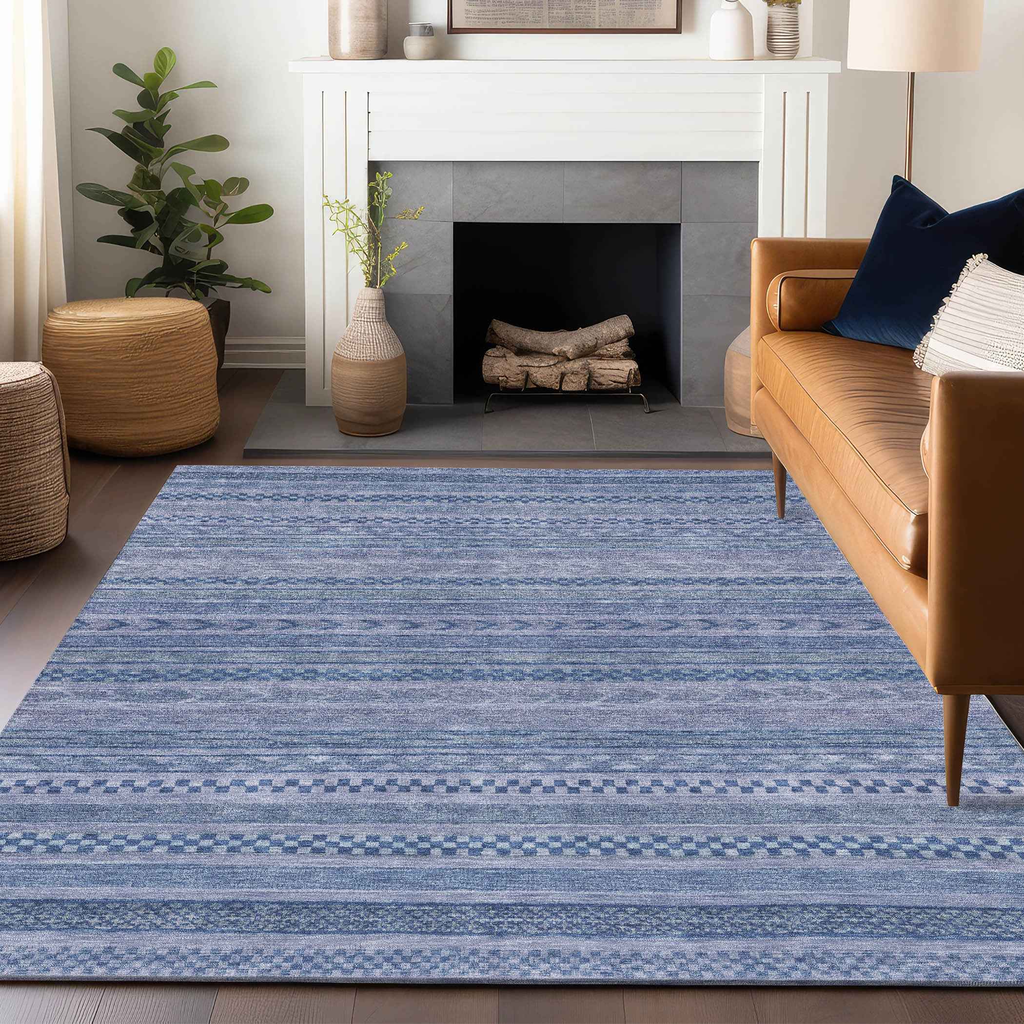 10' X 14' Denim Blue And Sky Blue Striped Washable Indoor Outdoor Area Rug