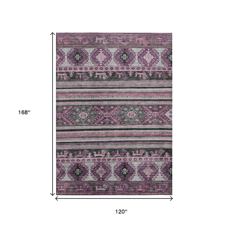 10' X 14' Purple Plum And Gray Tribal Washable Indoor Outdoor Area Rug