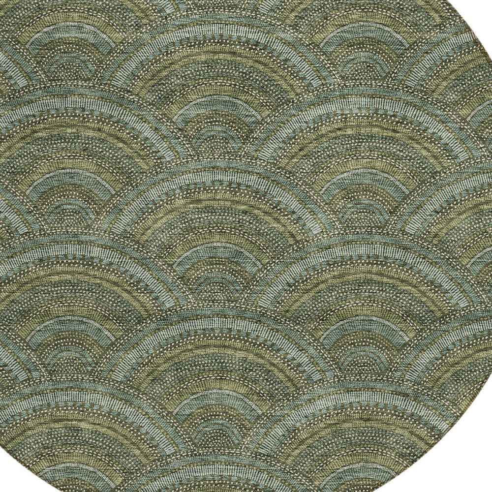 8' Olive Green Fern Green And Silver Round Geometric Washable Indoor Outdoor Area Rug
