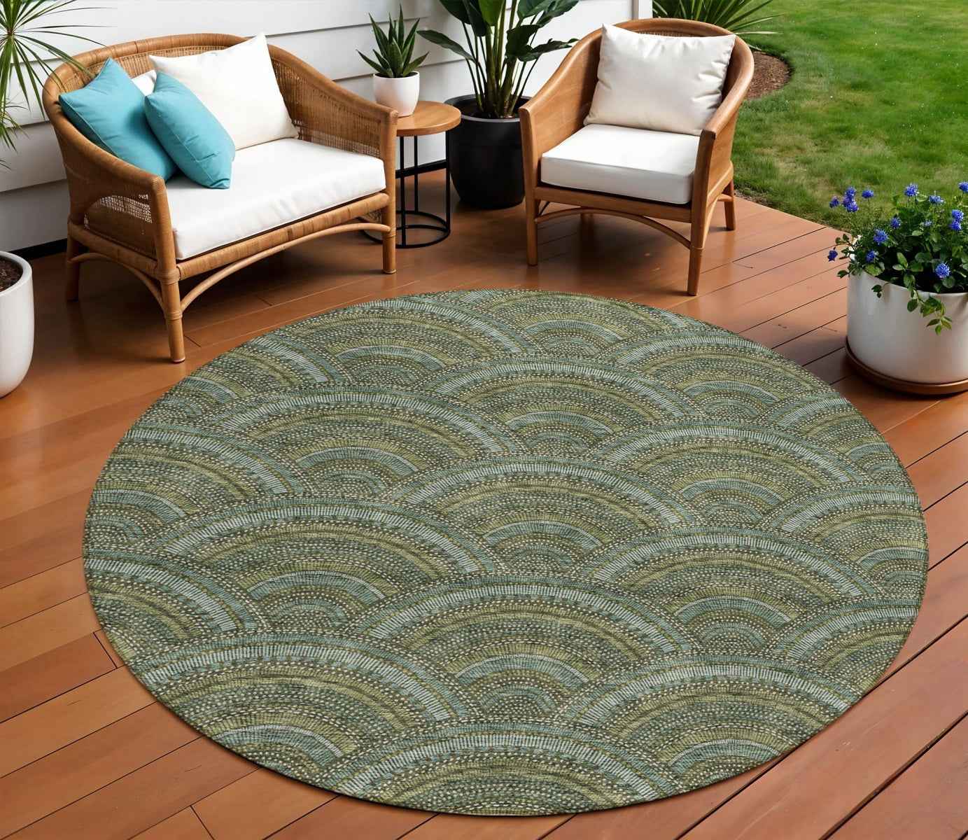 8' Olive Green Fern Green And Silver Round Geometric Washable Indoor Outdoor Area Rug