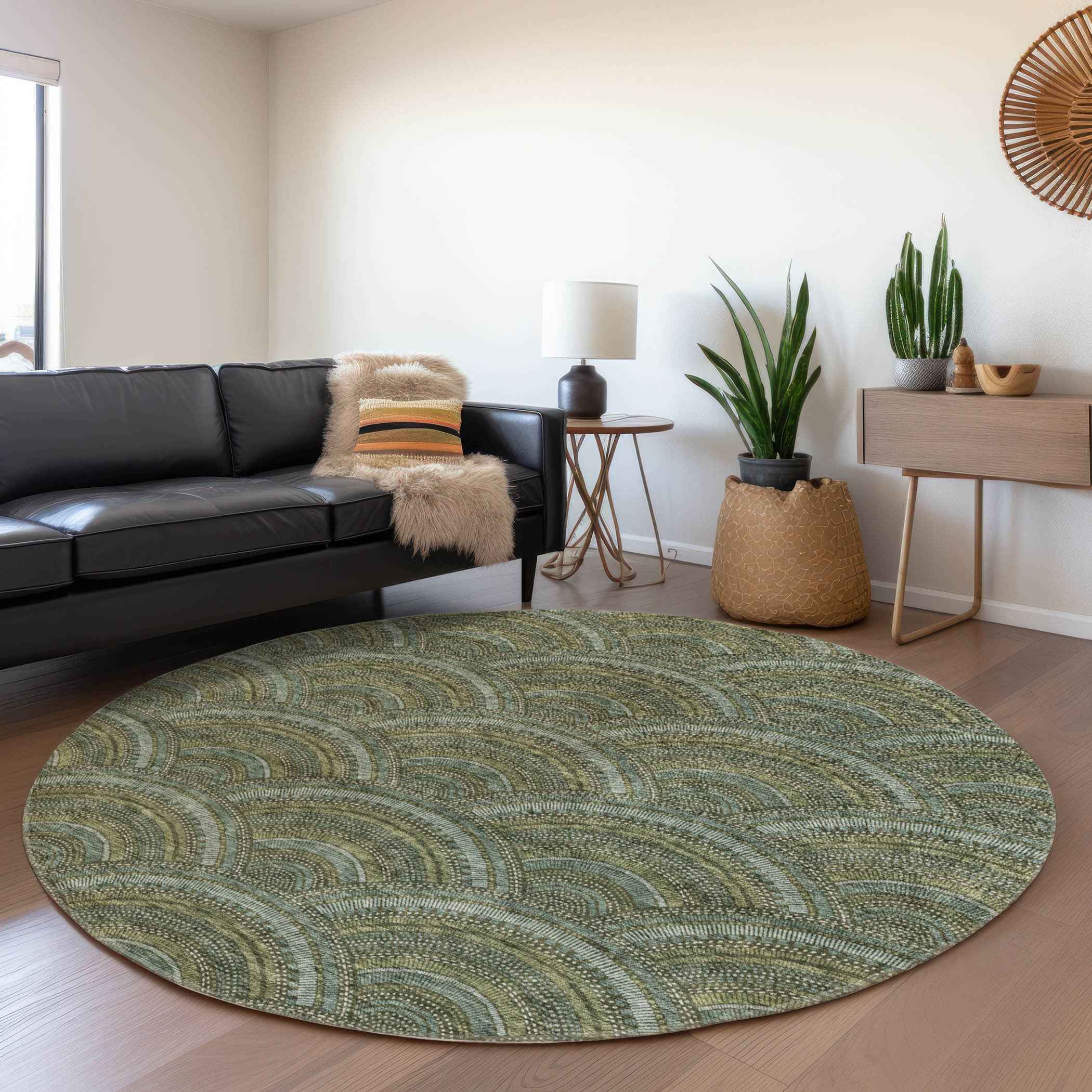 8' Olive Green Fern Green And Silver Round Geometric Washable Indoor Outdoor Area Rug
