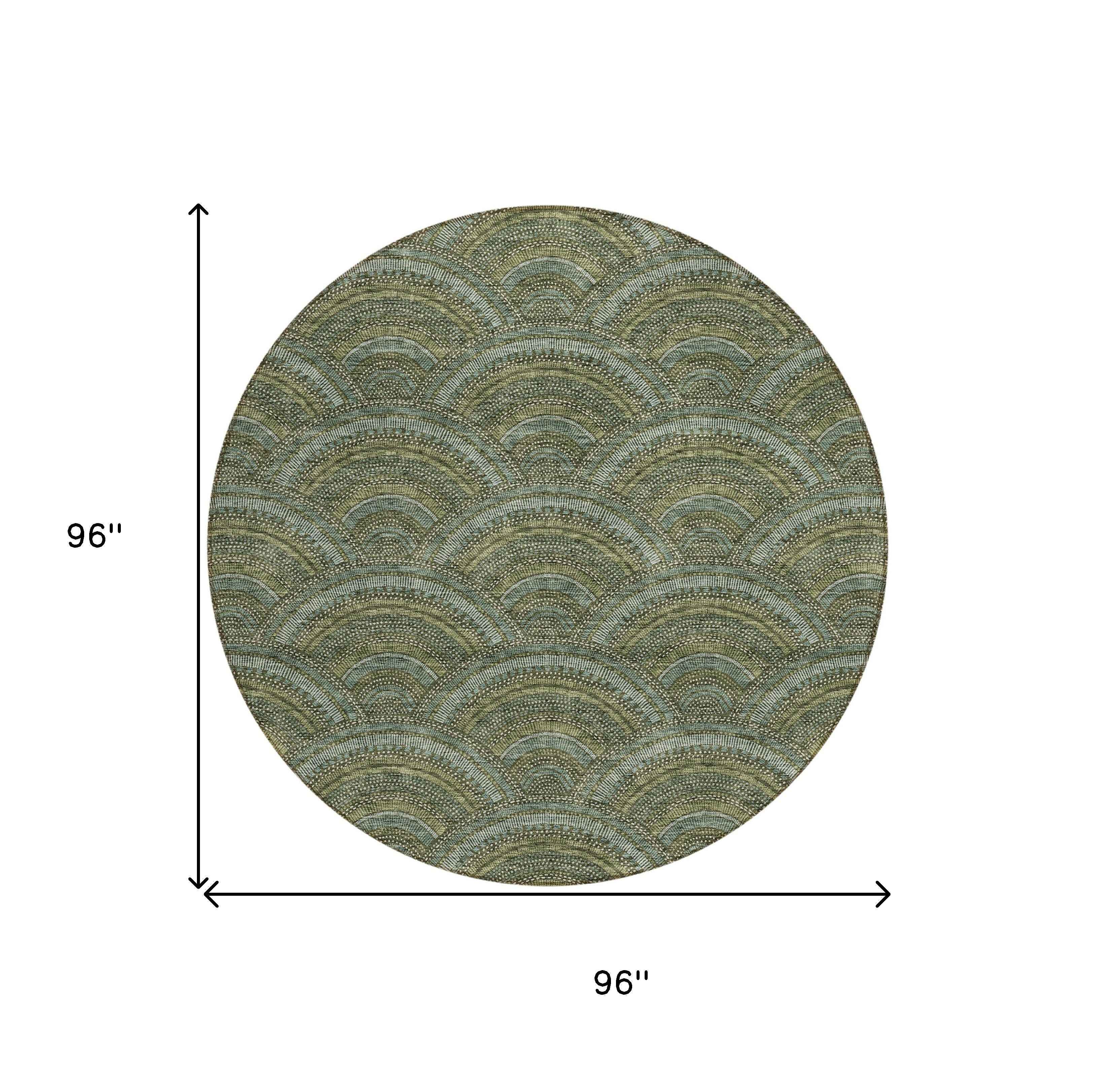8' Olive Green Fern Green And Silver Round Geometric Washable Indoor Outdoor Area Rug