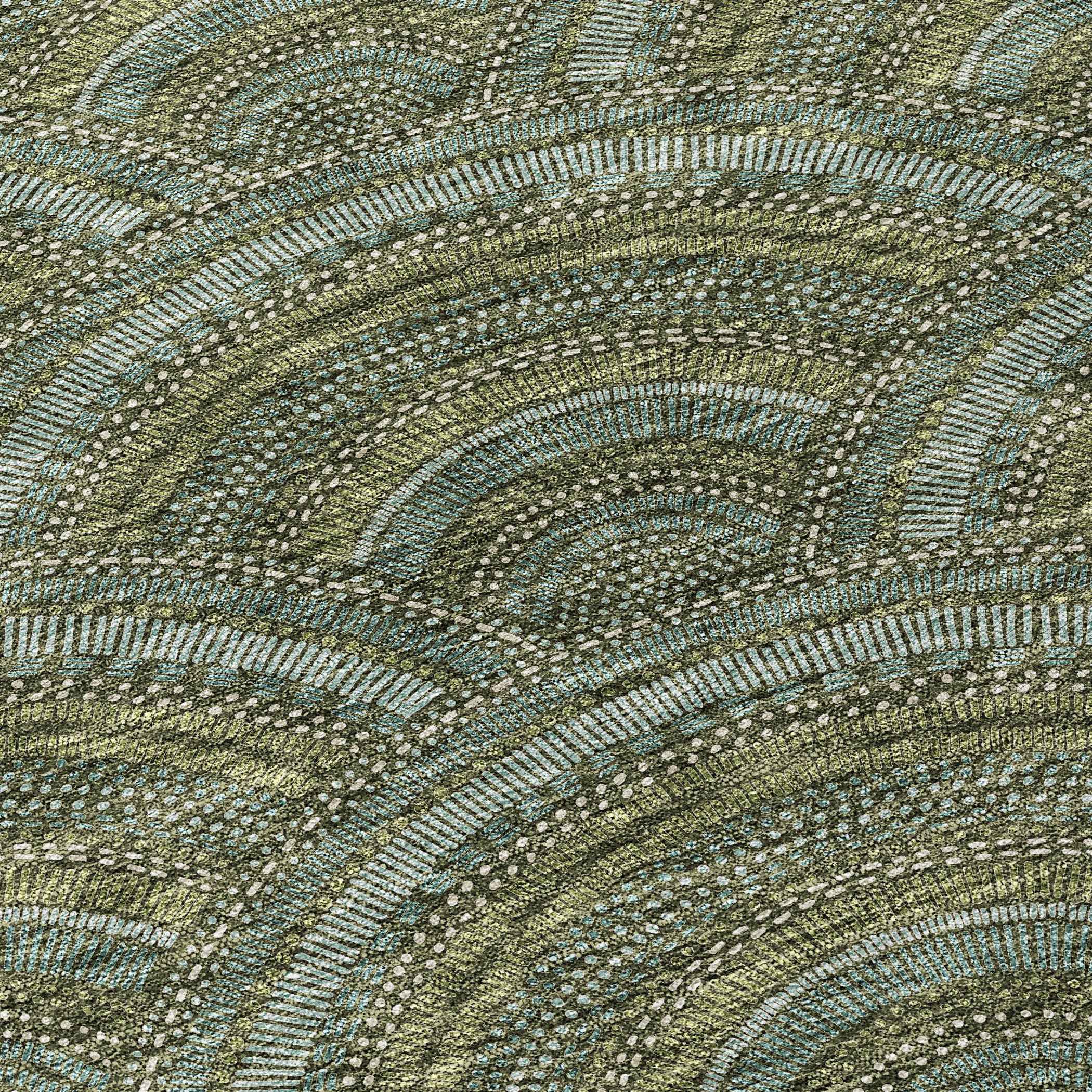 8' Olive Green Fern Green And Silver Round Geometric Washable Indoor Outdoor Area Rug