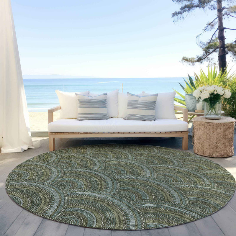 8' Olive Green Fern Green And Silver Round Geometric Washable Indoor Outdoor Area Rug