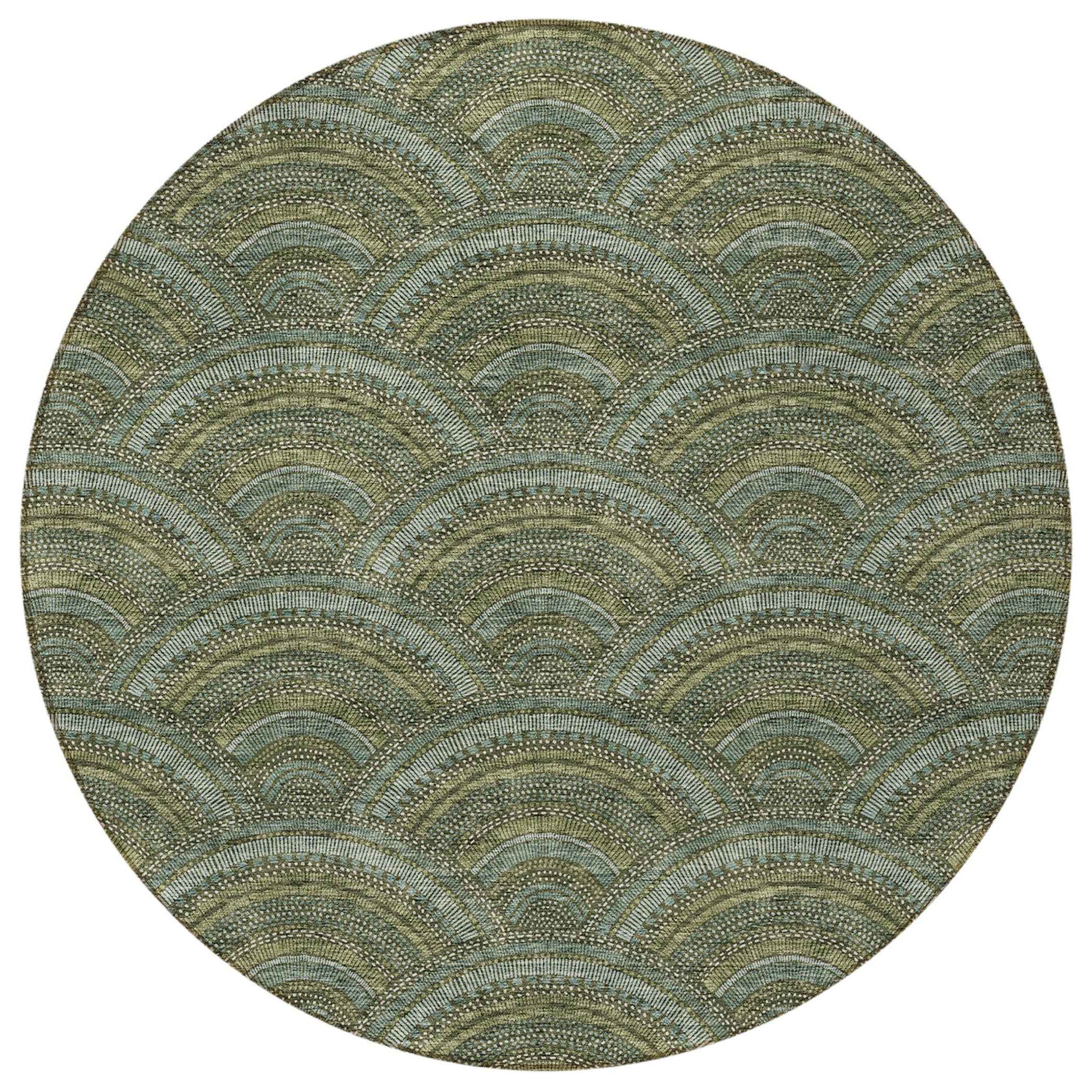 8' Olive Green Fern Green And Silver Round Geometric Washable Indoor Outdoor Area Rug
