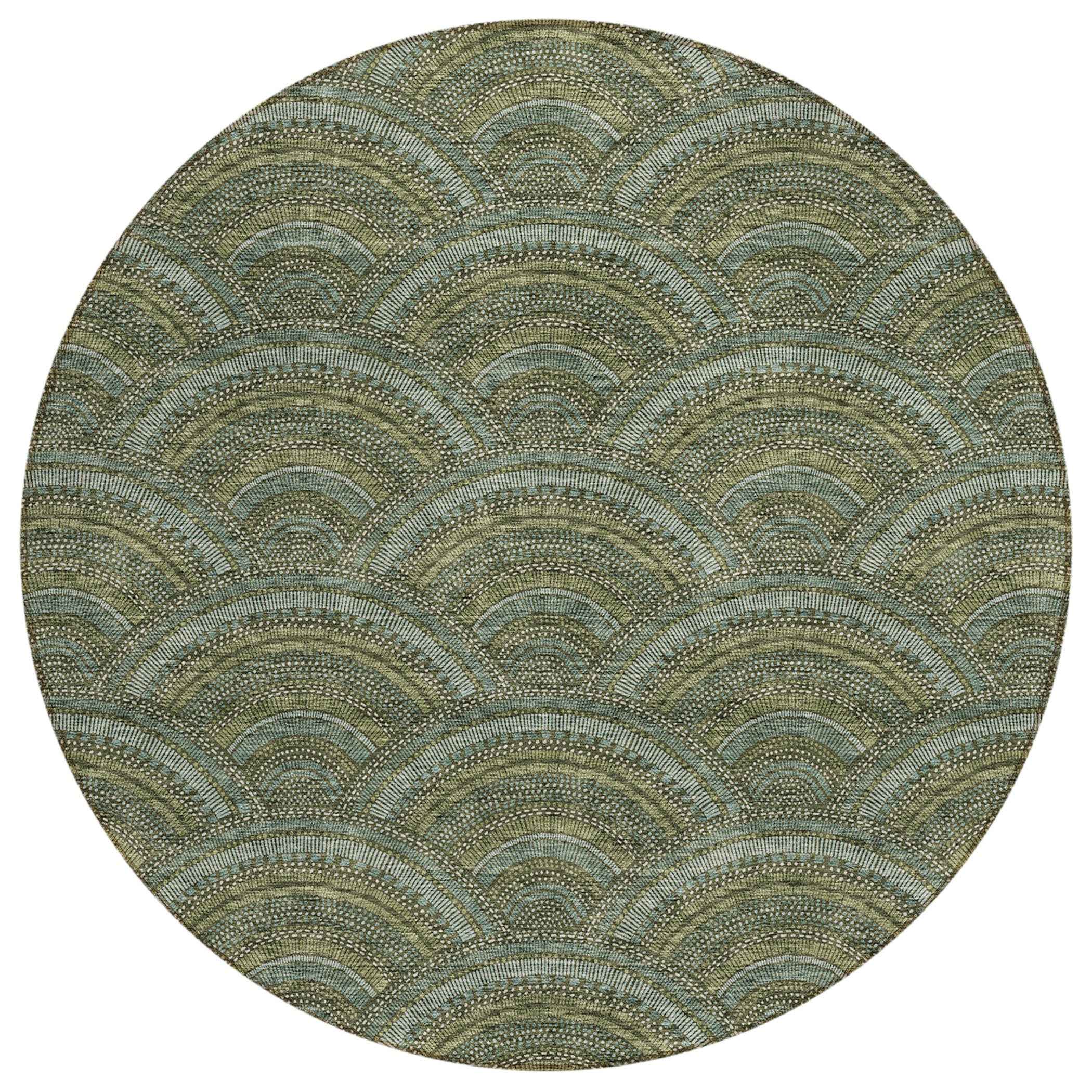 8' Olive Green Fern Green And Silver Round Geometric Washable Indoor Outdoor Area Rug