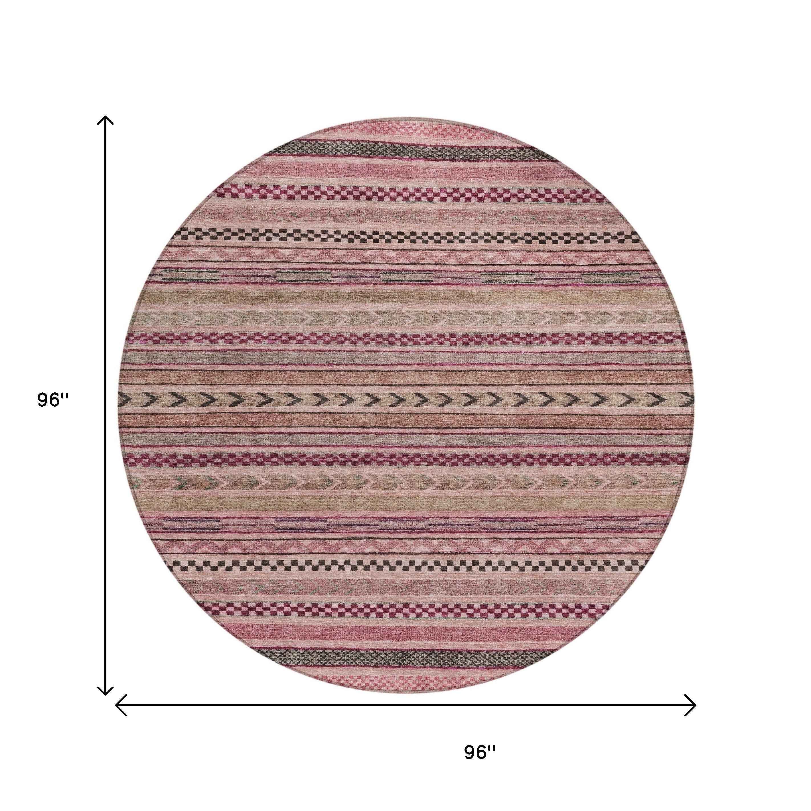 8' Pink And Taupe Round Striped Washable Indoor Outdoor Area Rug