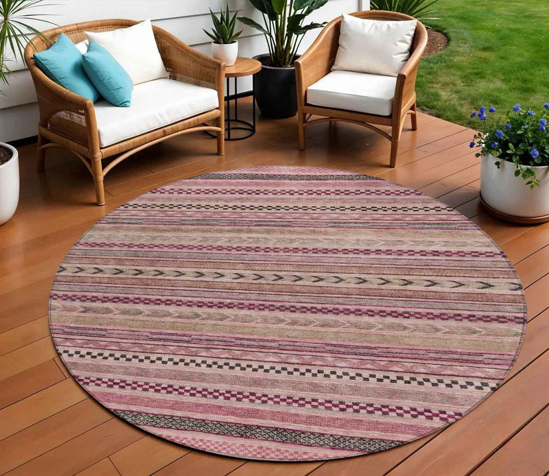 8' Pink And Taupe Round Striped Washable Indoor Outdoor Area Rug