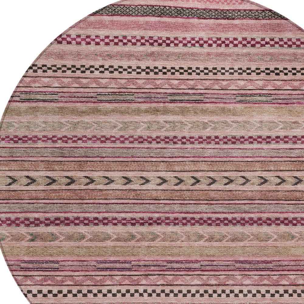 8' Pink And Taupe Round Striped Washable Indoor Outdoor Area Rug