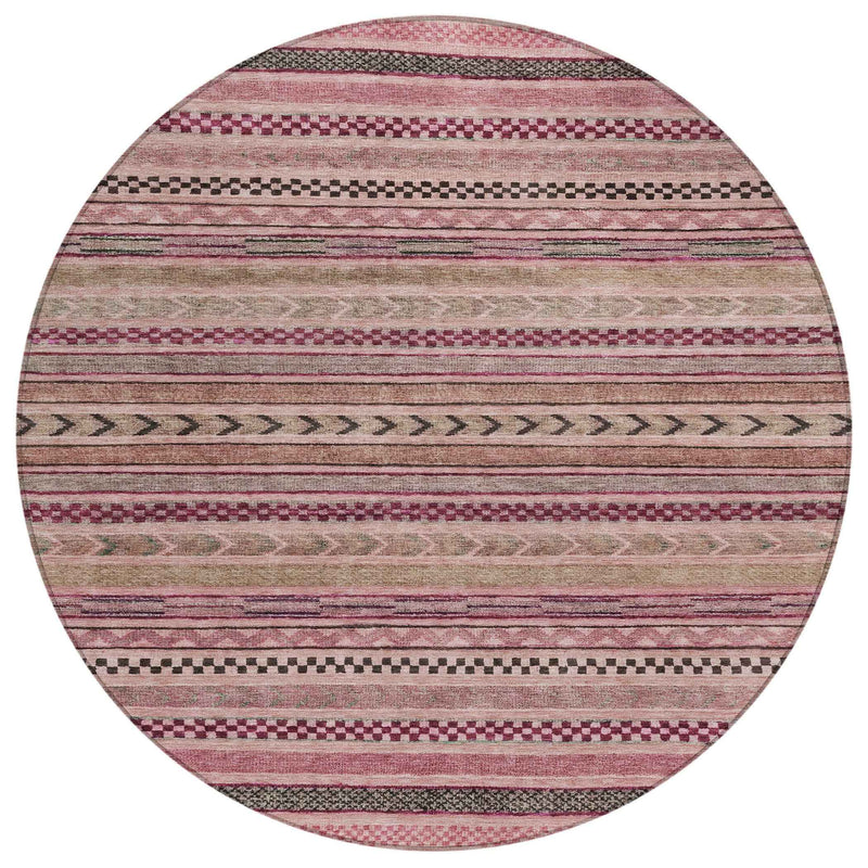 8' Pink And Taupe Round Striped Washable Indoor Outdoor Area Rug