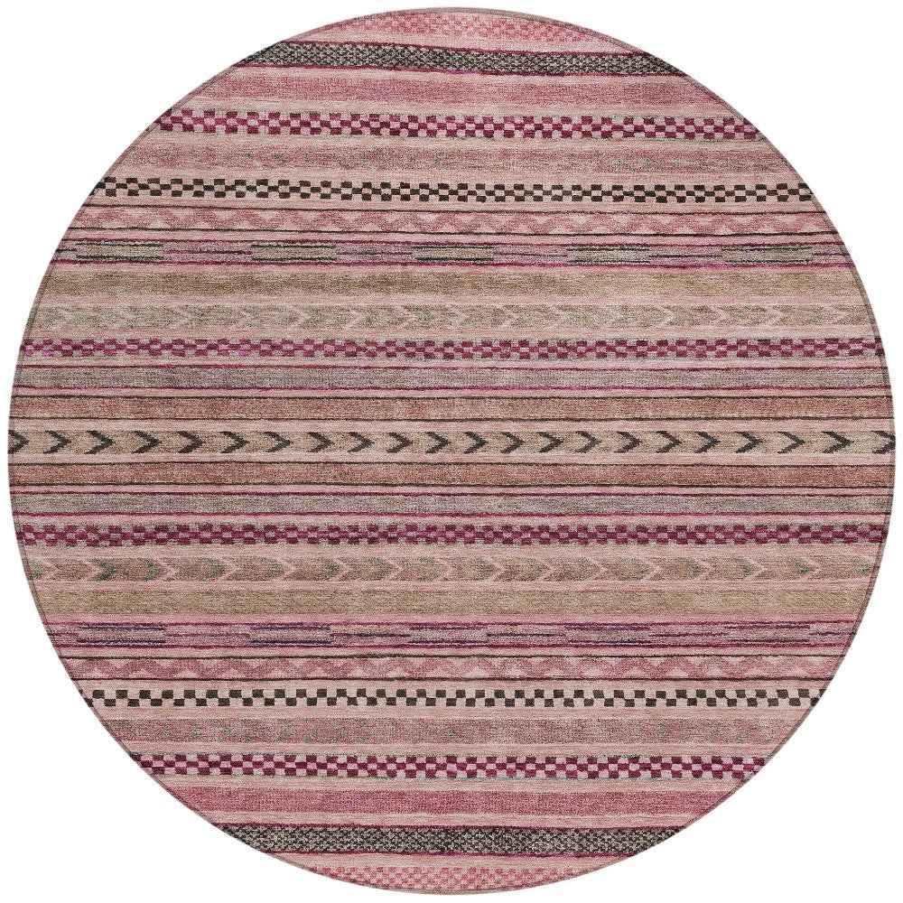 8' Pink And Taupe Round Striped Washable Indoor Outdoor Area Rug